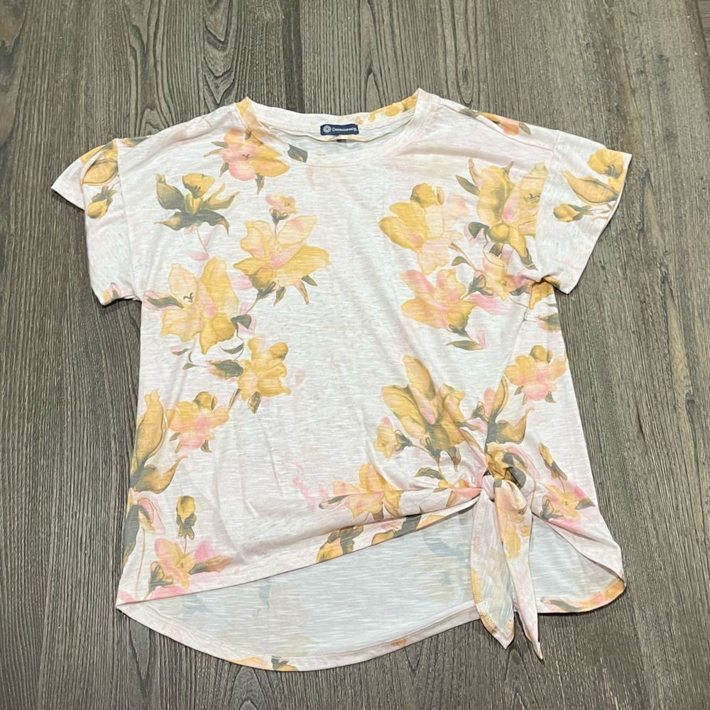 Democracy Tee Floral Side Tie Short Sleeve Crewneck Cream Yellow Medium